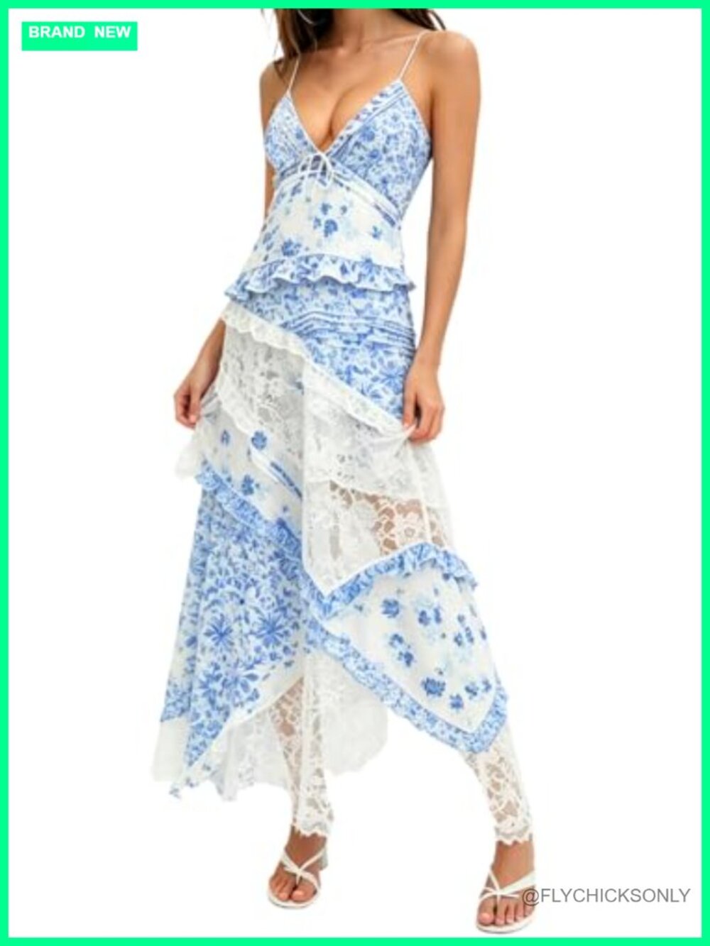 Women's Floral Sheer Lace Ruffle Spaghetti Strap Maxi Vintage Dress